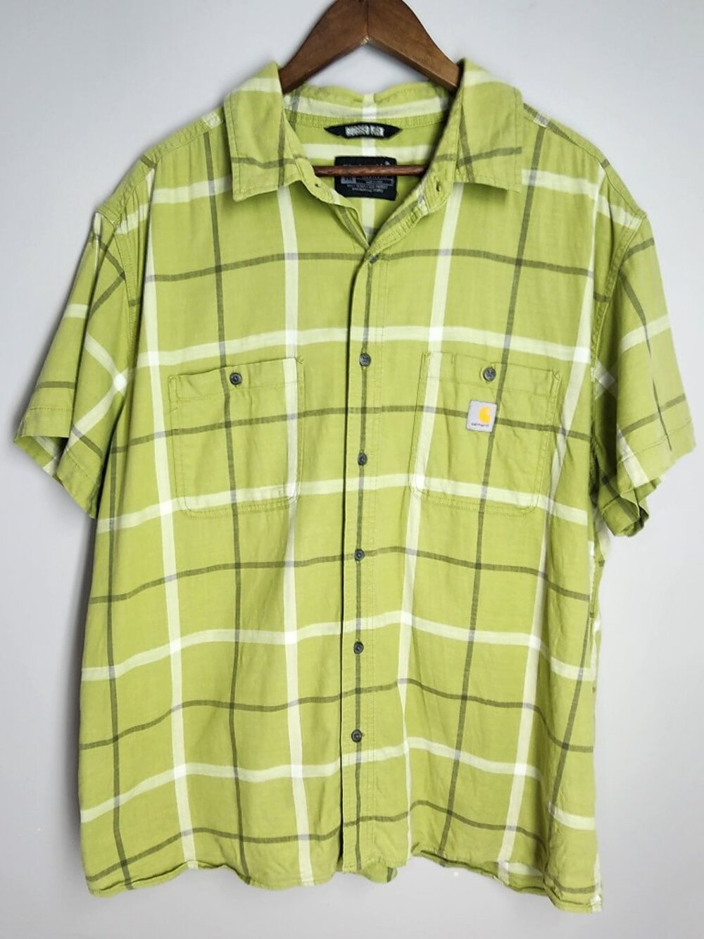 Carhartt Lime Green Plaid Rugged Flex Shirt 2XL Gorpcore Short Sleeve Button Up